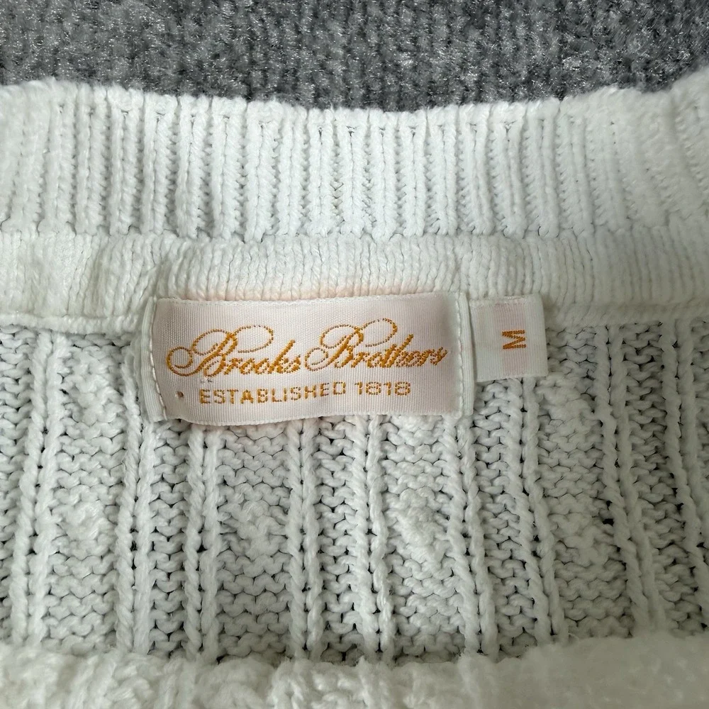 Vintage Brooks Brothers Sweater Men's Medium White Cable Knit Crewneck USA Made
